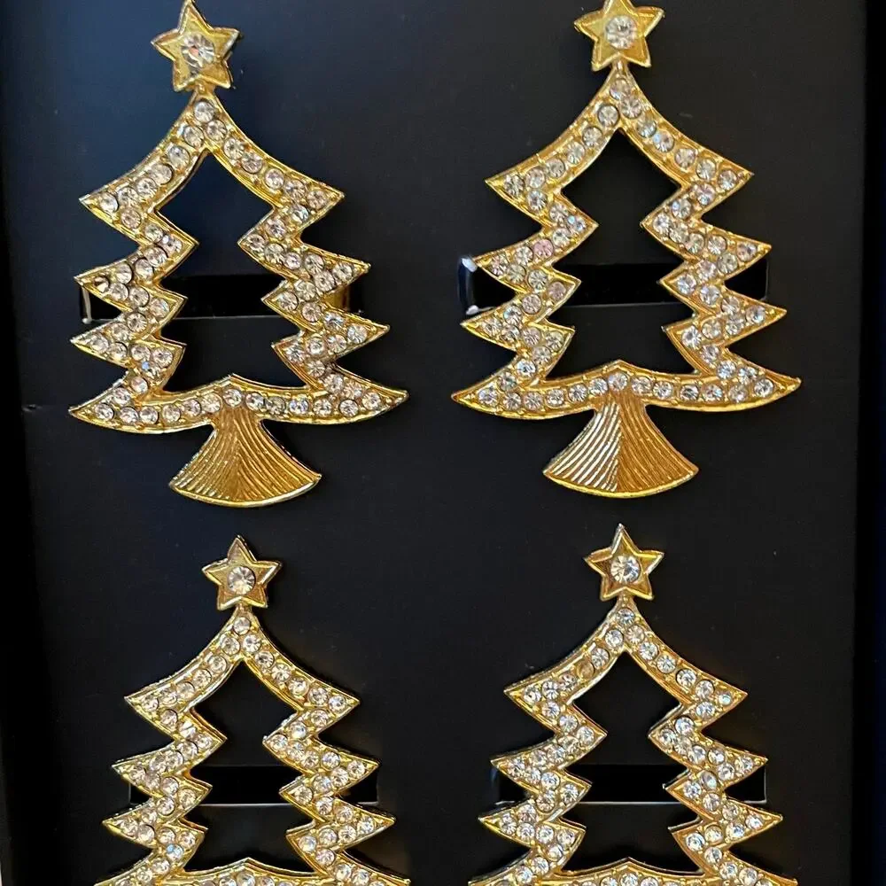 TAHARI Home Gold Rhinestone Christmas Tree Shaped Napkin Rings Set of 8 New - Picture 6 of 15